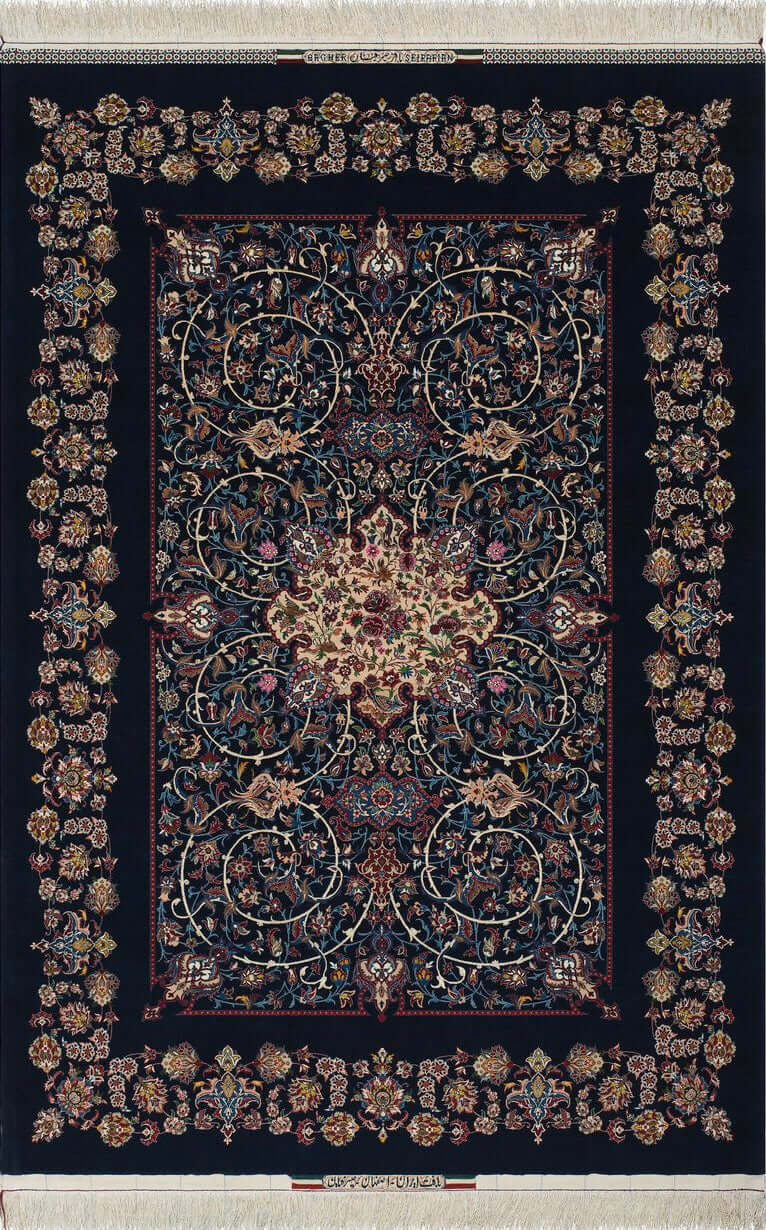 "Master Bagher Seirafian navy blue Persian rug with floral medallion design."